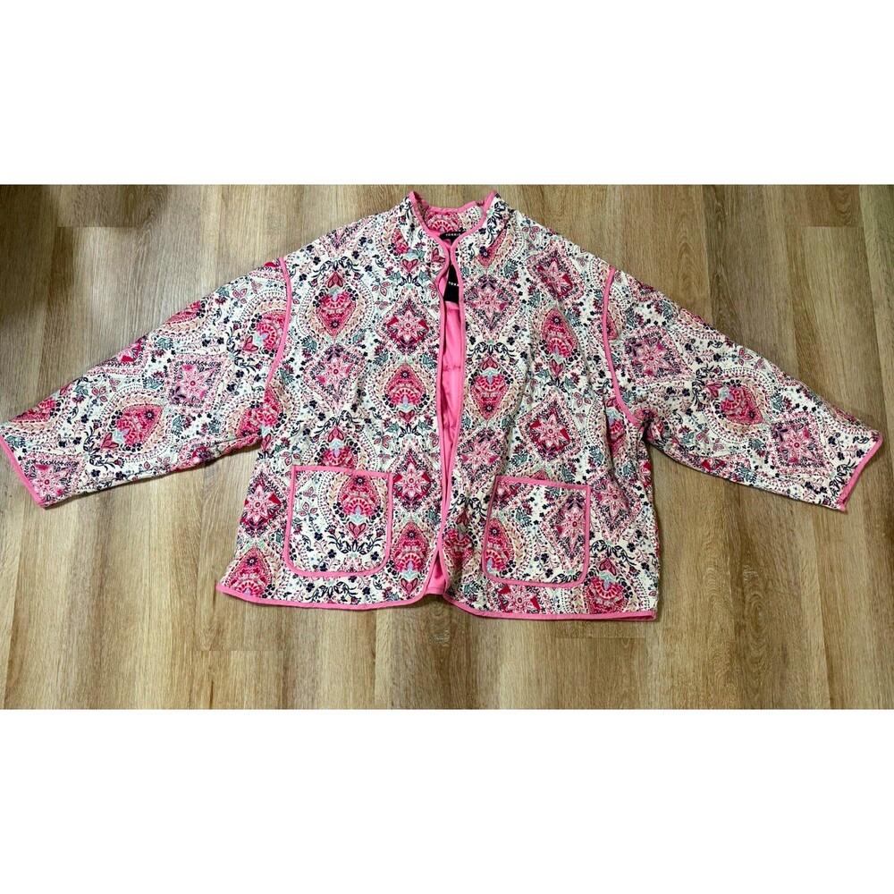 Torrid Womens Plus 4X Pink White Paisley Open Front Jacket Pockets Long Sleeve
